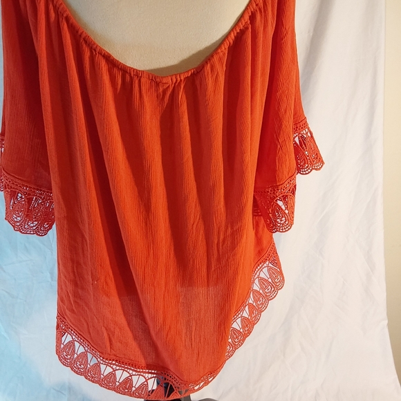Cato Women Plus Crocheted Trim Top. Orange on or off shoulder Top - Picture 3 of 9